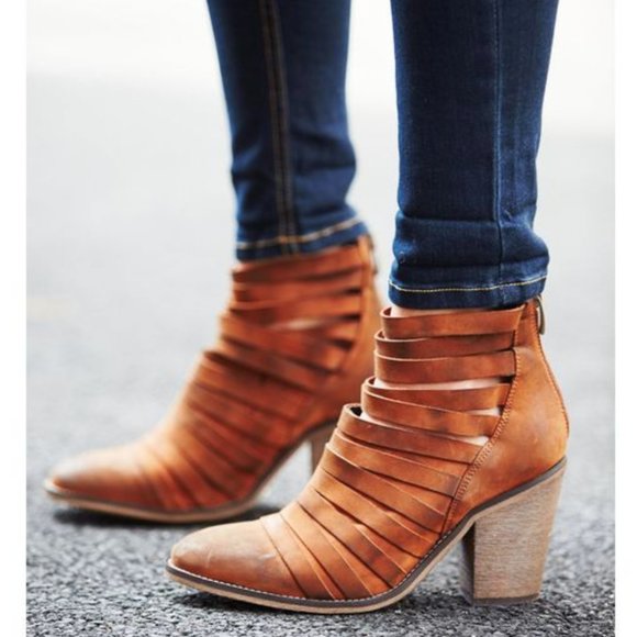 Free People Strappy Hybrid Stacked Heel Boot Brown Leather 38 Brown Zip Strap - Picture 7 of 15